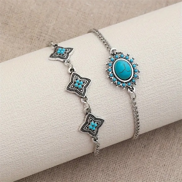 New Bohemian Silver Vintage Retro Design Flower Turquoise Bangle Bracelet - Picture 3 of 5